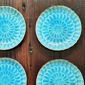 Four Vintage Visun China Saucers Turquoise Blue Crackle Glaze